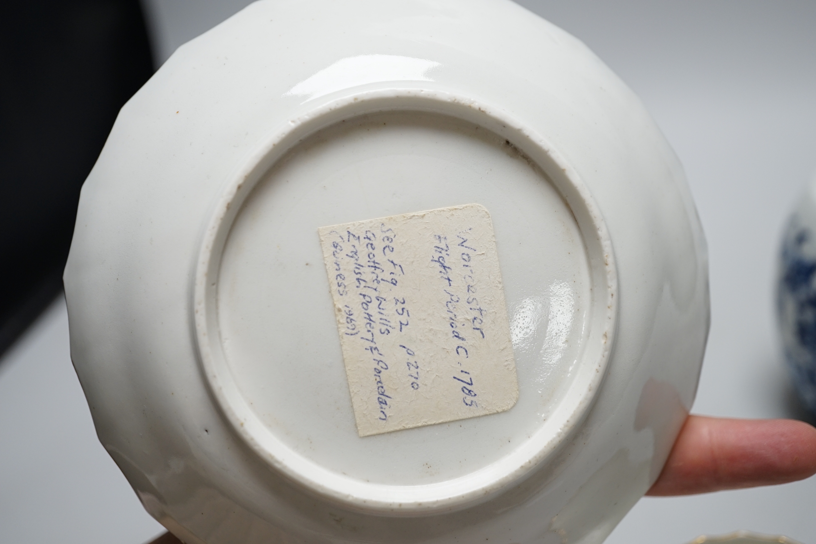 A Worcester Fence pattern tea canister, c.1775, and a Worcester wrythen coffee cup and saucer, c.1795